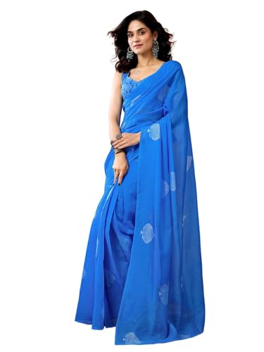Image of Satrani Women's Chanderi Cotton Printed Ready To Wear One Minute Pre Stitched Saree with Unstitched Blouse Piece