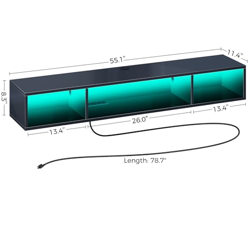 Image of Rolanstar TV Stand with Power Outlet, Floating TV Stand with RGB Lights, 55.1 inch Wall Mounted TV Shelf, Glossy Black Media Console with Storage Shelf, Entertainment Under TV for Living Room, Bedroom