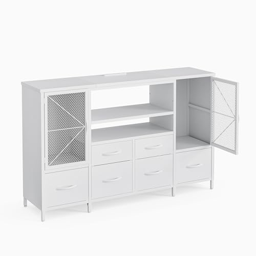 IKIFLY チェスト収納 タンス 棚付き リビングキャビネット 扉 箪笥リビング LEDライト テレビボード おしゃれ 収納ケース 引き出し 大容量 USBポート洋服タンス 布製 玄関キャビネット 収納ボックス 整理タンス 寝室収納 一人暮らし【幅120×奥行30×高さ75cm】ホワイト