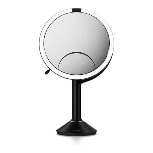 simplehuman Sensor Mirror Trio 1X 5X 10X Magnification Round Rechargeable Beauty Makeup Mirror Tru-Lux Full-Spectrum Light Dual Light Settings Adjustable Brightness Matte Black Steel