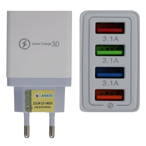 Carregador Turbo Qc 3.0 com 4 portas USB Fonte Tomada Rápida (Branco)