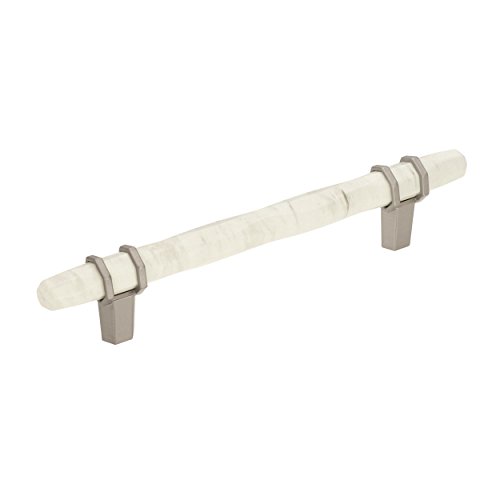 Image of Amerock | Cabinet Pull | Marble White /Satin Nickel | 5-1 /16 inch (128 mm) Center to Center | Carrione | 1 Pack | Drawer Pull | Drawer Handle | Cabinet Hardware | 5-1 /16 inch (128mm) Center-to-Center Mounting Distance and 7-1 /2 inches Overall Length, Durable Zinc Cabinet Hardware