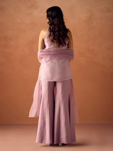 Image of FIORRA Women Lavender Crush Organza Hand-Worked Straight Kurta Set with Dupatta