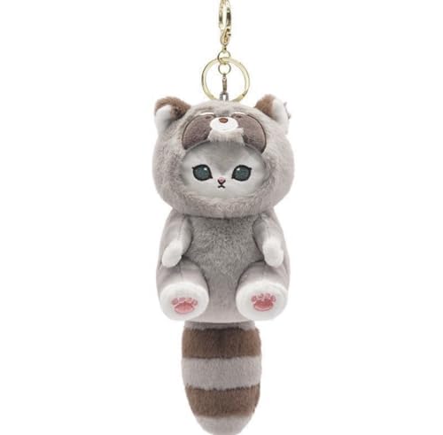 かわいい猫のぬいぐるみキーホルダー、グレー、アライグマ風コスチューム、ふわふわ素材、モフサンド、大きな青い目 [並行輸入品]のサムネイル