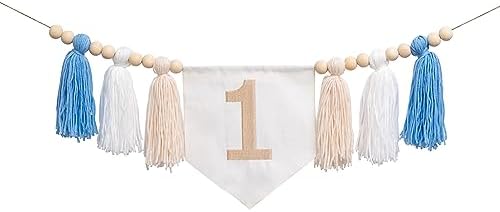 Saiories 1st Birthday High Chair Banner & Cone Hat Set – Brown & Cream Tassel Garland – Photo Backdrop, Baby Boy Decor