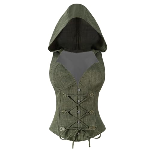 CR ROLECOS Renaissance Corset Medieval Costume Green Vintage Lace up Ren Faire Corsets Top Bustier Tops for Women with Hood S