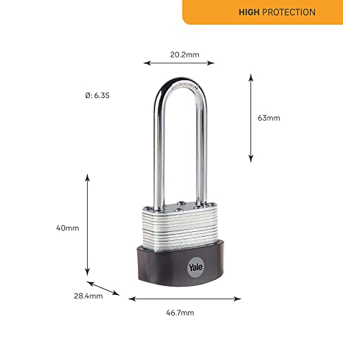 Image of Yale Y125B /40 /163 /1 - Laminated Steel Long Shackle Padlock (40 mm) - Outdoor Hardened Steel Shackle Lock for Shed, Gate, Chain - 3 Keys - High Security
