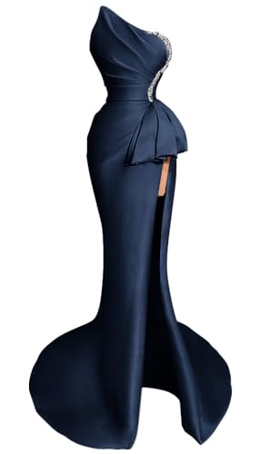 Strapless Evening Gowns 2024 Beaded Satin Ruched Mermaid High Slit Long Prom Dresses for Women