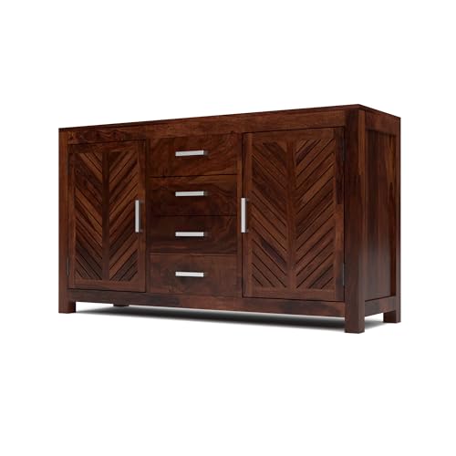 Image of Solid Sheesham Wood Sideboard Cabinet with 4 Drawers & 2 Doors | Rosewood Storage Cabinet for Living Room, Dining Room & Office (Walnut Finish)