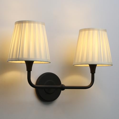 Image of Yosoan 2-Light Brass Beige-Yellow Pleated Fabric Shade Wall Sconce, Vanity Vintage Industrial Hardwired Indoor Boho Wall Mounted with Cup Funnel Shade for Kitchen Living Room Staircase(Black)