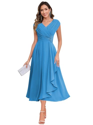 Image of SOLODISH Mother of the Bride Dresses for Wedding Tea Length Chiffon A Line Formal Wedding Guest Party Gown