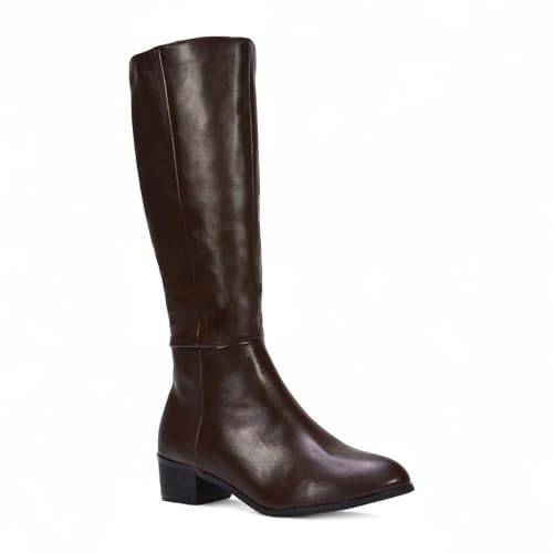 ESSEX GLAM Womens Knee High Boots Ladies Classic Block Low Heel Zip Western Brown Synthetic Leather Calf Riding Booties Size 4