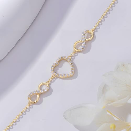 SISGEM 14k Gold Created Moissanite Heart and Infinity Bracelet for Women, Real 14ct Hand Jewelry Gifts for Her, 6.2"-7.8"2