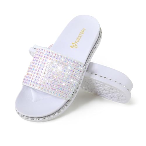 Image of Fur Story Womens Slides House Slippers Rhinestone Glitter Slides Cute bling Flat for Women Platform Sandals Cozy Bedroom Slippers Shower Shoes