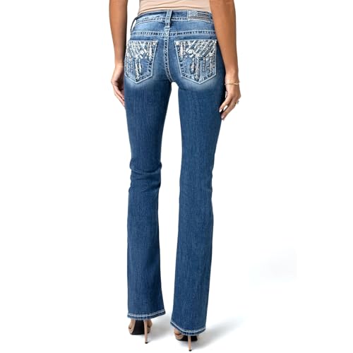 Miss Me Women's Bohemian Star Dreamcatcher Mid-Rise Bootcut Jeans (Dark