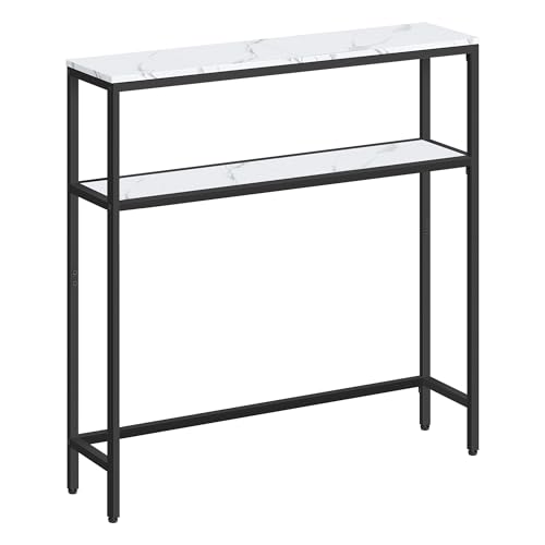 VASAGLE Mesa de Consola de 2 Niveles, Mesa Auxiliar con 2 Estantes, 20 x 80 x 80 cm, para Sala de Estar, Pasillo, Recibidor, Blanco Mármol y Negro Tinta LNT130W59