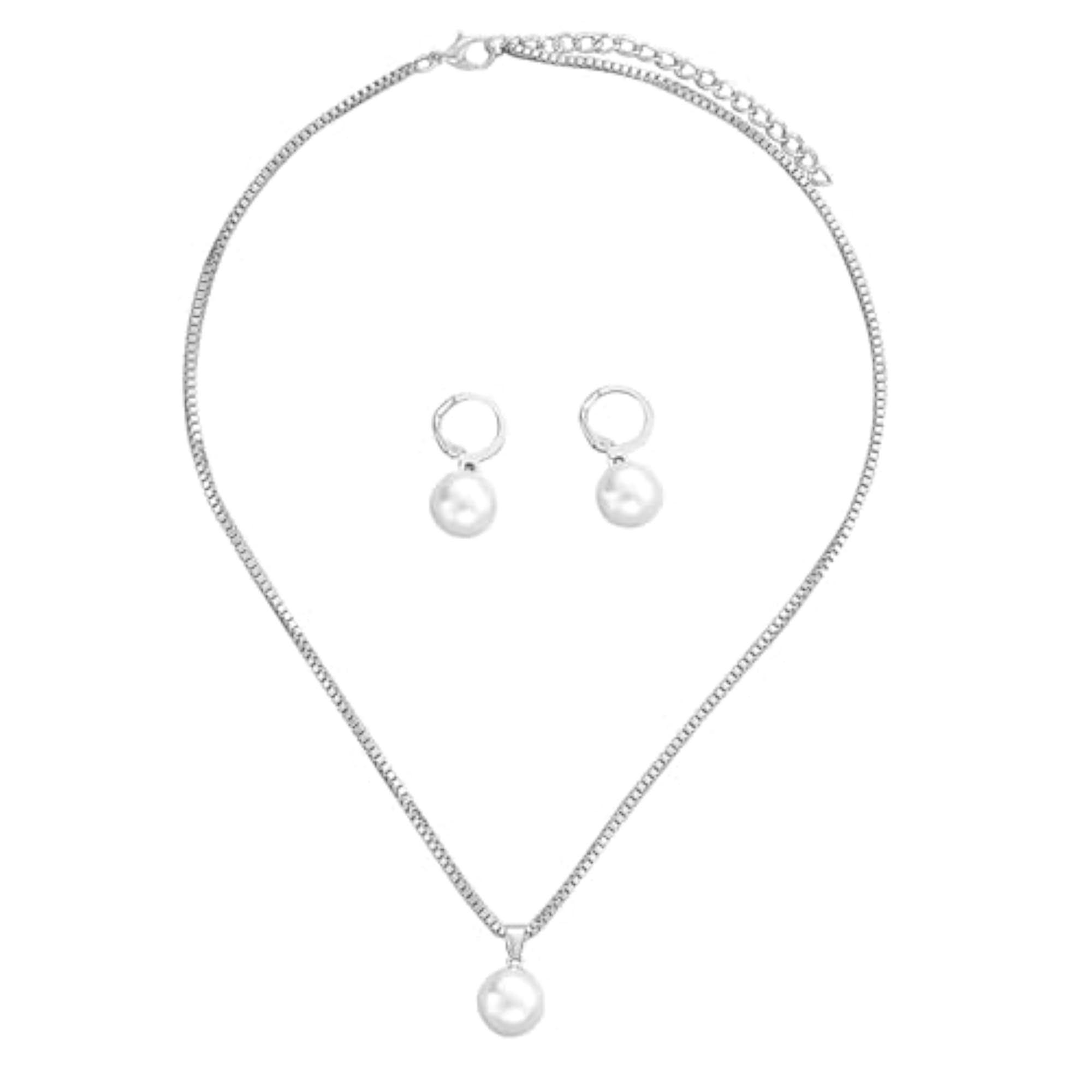 Silver Plated Pearl Drop Necklace & Earrings Set