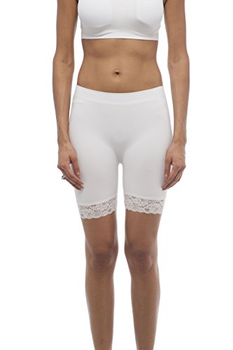 Women's Hollywood Star Fashion Short Length Slipshort Dance Short with Lace Contrast On Leg (OneSize, White)