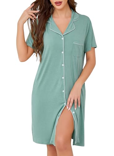 Lovasy - Lovasy Chemise de Nuit Femme Coton Manches Courtes Léger Col V Classique Chemise de Nuit Boutonnée Devant Chemise de Nuit Femme Grande Taille avec Poches Latérales, A-Vert, XL