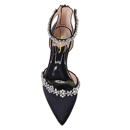 Image of XYD Women Classic Pointed Toe D'Orsay Wedding Flat Sandals Sparkly Rhinestones Ankle Strap Low Heel Dress Shoes with Zipper