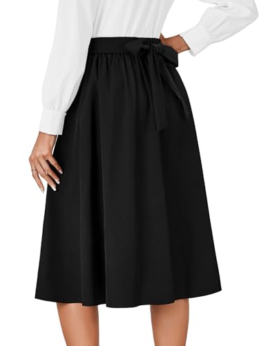 Vrtige Women's Vintage Skirt High Waist Pleated Tie Back Flared A Line Midi Skirt