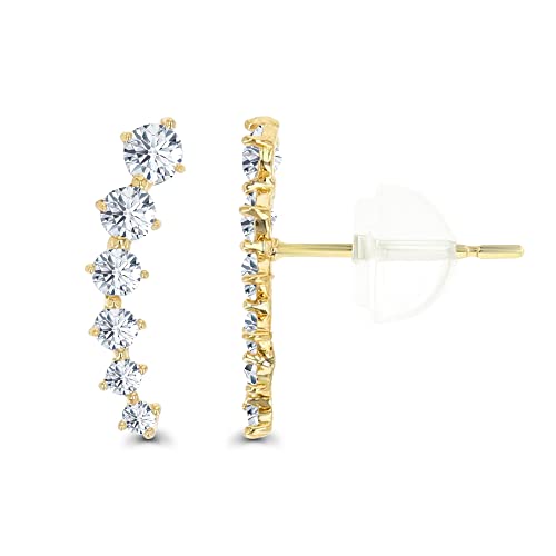 14K Yellow Gold Graduated Round Cut Ear Crawler AAA Cubic Zirconia Stud Earrings