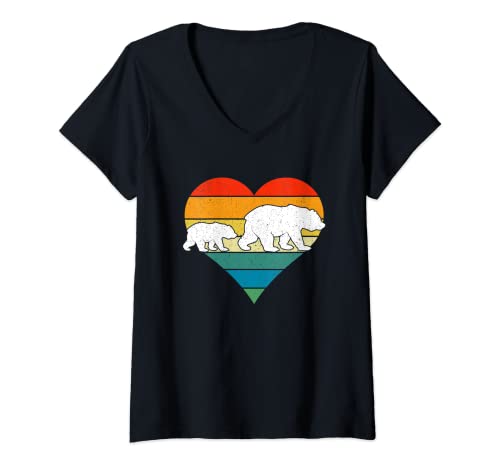 Donna Retro Vintage Mama Bear One Cub Mothers Day Heart Maglietta con Collo a V