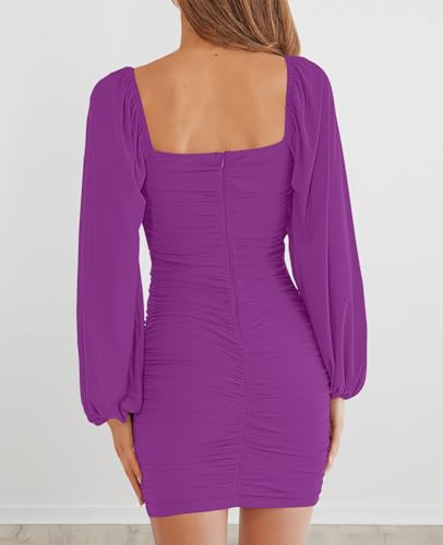 Image of MEROKEETY Women Square Neck Lantern Long Sleeve Mesh Ruched Bodycon Clubwear Mini Dress