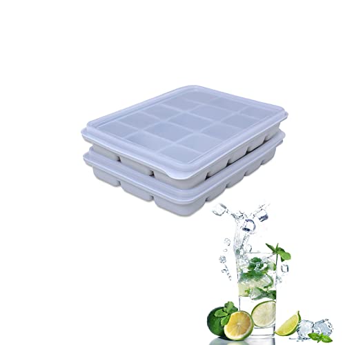 Image of Ice Cube Trays Set of 2, Easy Release 15 Flexible Silicone Ice Cube Molds with Removable Lid Reusable Freezer Ice Trays Stackable for Whiskey, Baby Food, BPA Free (SNOW GRAY)