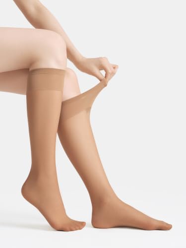 Image of leg elegant Sheer Knee High Stockings for Women, 6 Pairs Knee High Transparent Toes Nylons Pantyhose for Women
