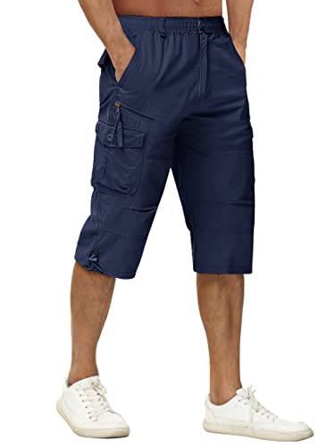 TACVASEN Pantaloncini Cargo in 100% Cotone 3/4 Casual con Molte Tasche per Uomo, Navy