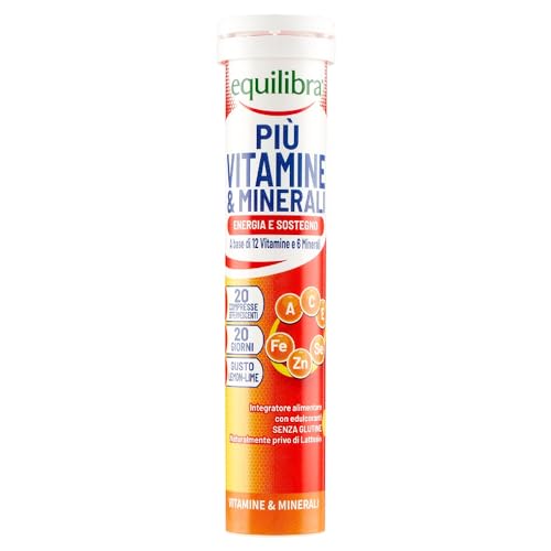 Immagine prodotto: equilibra Integratori Alimentari, Più Vitamine e Minerali, Integratore Multivitamine con 12 Vitamine e 6 Minerali per Efficienza e Vitalità, Gusto Lemon Lime, 20 Compresse Effervescenti
