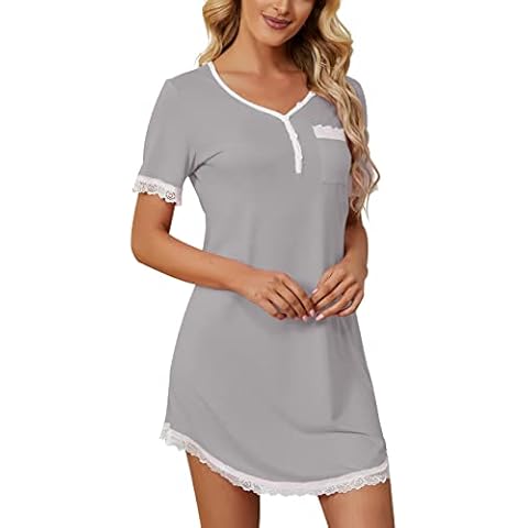 Yukiuiny Damen Kurzarm Nachthemd Baumwolle Sexy Spitze Sommer Nachtwäsche Jersey Schlafshirt Cover