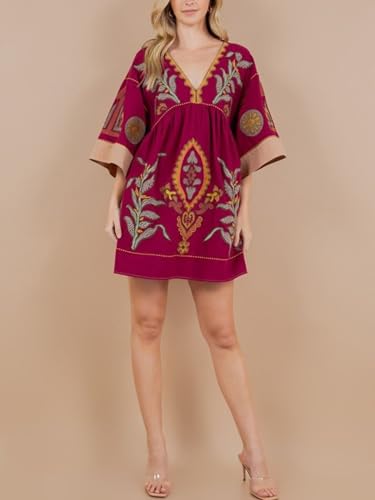 Image of Joiemont Womens Oversized Embroidered Dress with V-Neck and 3 /4 Sleeves Vintage Embroidery Babydoll Dress