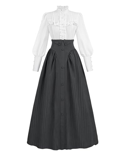 FCCAM Ropa medieval para mujer, vestidos festivos para mujer, vestido victoriano, disfraz de carnaval, blusa y falda, negro, L