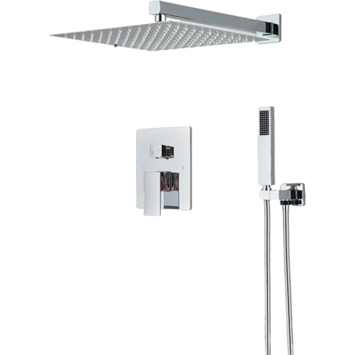 バスルーム用シャワーセット クローム バスルームシャワー蛇口セット 2/3ウェイ レインフォール ミックス 真鍮 ダイバーターミキサータップ 8-16インチヘッド 壁取り付け 埋め込みボックスコントロール 16インチ,12 Inch 2 Way