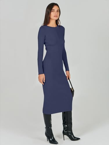 Image of ANRABESS Women Long Sleeve Sweater Dress Crewneck Bodycon Stretch Slim Fit Ribbed Knit Midi Dresses 2025 Fall Trendy Outfits