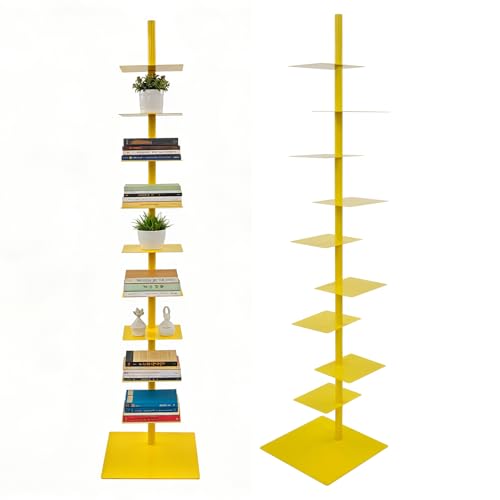9 Tier Metal Spine Bookshelf Tower Adjustable Vertical Tower for Books Tall & Narrow Ladder Bookcase Metal Vertical Bookshelf for Study Room Living Room Office Bedroom (Yellow)