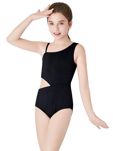 Image of Dvenki Big Girls Asymmetric Cutout Swimsuit Adjustable Straps Sizes 6X-16 | color block, leopard, tropical prints, front lined swimwear, removable pads, suitable for beach, vacation, pool play