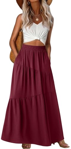 GRECERELLE Maxi Skirts for Women High Waist Tiered with Pockets, M Burgundy