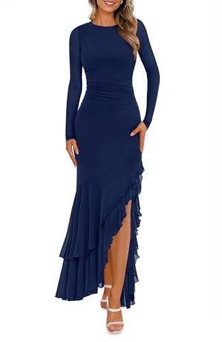 BTFBM Women's Maxi Dresses Fall 2025 Long Sleeve Ruched Bodycon Solid Ruffle Mermaid Cocktail Wedding Guest Dress