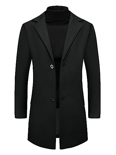 Image of Lars Amadeus Men's Black Winter Trench Coat Notched Lapel Single Breasted Mid-Length Overcoat Small Black