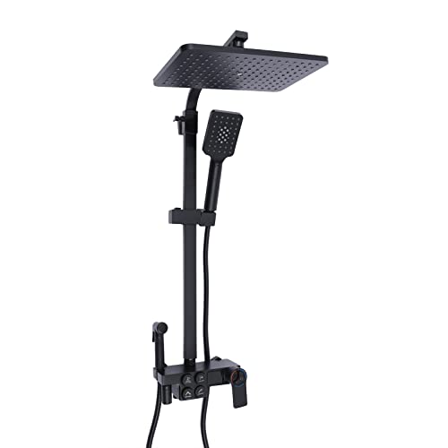 Grifería de ducha negra Juego de ducha de lluvia Columna de ducha Termostato inteligente Sistema de ducha Baño Lujo Lluvia Mezclador Ducha, con indicador LED, 80-120 cm Altura ajustable