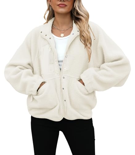 Yanekop Womens Fleece Jacket Fuzzy Long Sleeve Short Winter Coats Button Down Sherpa Jacket Outerwear with Pockets3