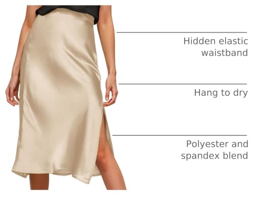 Image of Amy Babe Womens Satin Silk High Waist Slit Midi Skirt Long Skirts for Women | Elastic Waistband, Side Split, Midi Length, Below the Knee, Silky Fabric, Elegant, Fall Winter Outfits