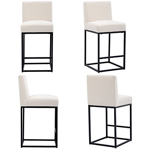 Image of HNY Modern Counter Height Bar Stools Set of 6, Linen Upholstered Kitchen Island Stools with Backrest, 27 Inch Bar Stools with Black Metal Frame, Cream