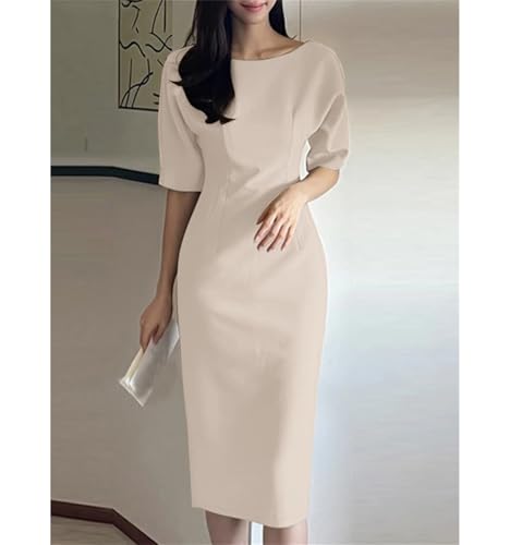 Women Midi Dress Elegant Textured Slim Fit Boat Neck V Back Half Sleeve Office Gown2