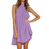 Sukienka Na Ramiączkach Damska Letnia Halterneck Off Shoulder Eleganckie Jednolite Sukienki Bez Rękawów Plażowe Casual Dress Nieregularne Mini Typu Swing(Purple,XXL)