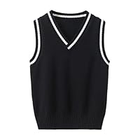 Boys Girls Knitted Sweater Vest Kids School Gilet Fall Winter Warm Pullover Tops Teen Plain Sleeveless V Neck Jumper Soft Knitwear 3-15 Years Navy