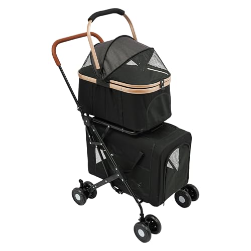 Carrito para perros de 2 pisos, 3 en 1, para mascotas, plegable, hasta 35 kg, para dos perros pequeños y medianos y gatos (negro)